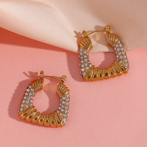 Zircon Chunky Square 18K Gold Plated Hoop Earrings Stainless Steel - Picture 12 of 13